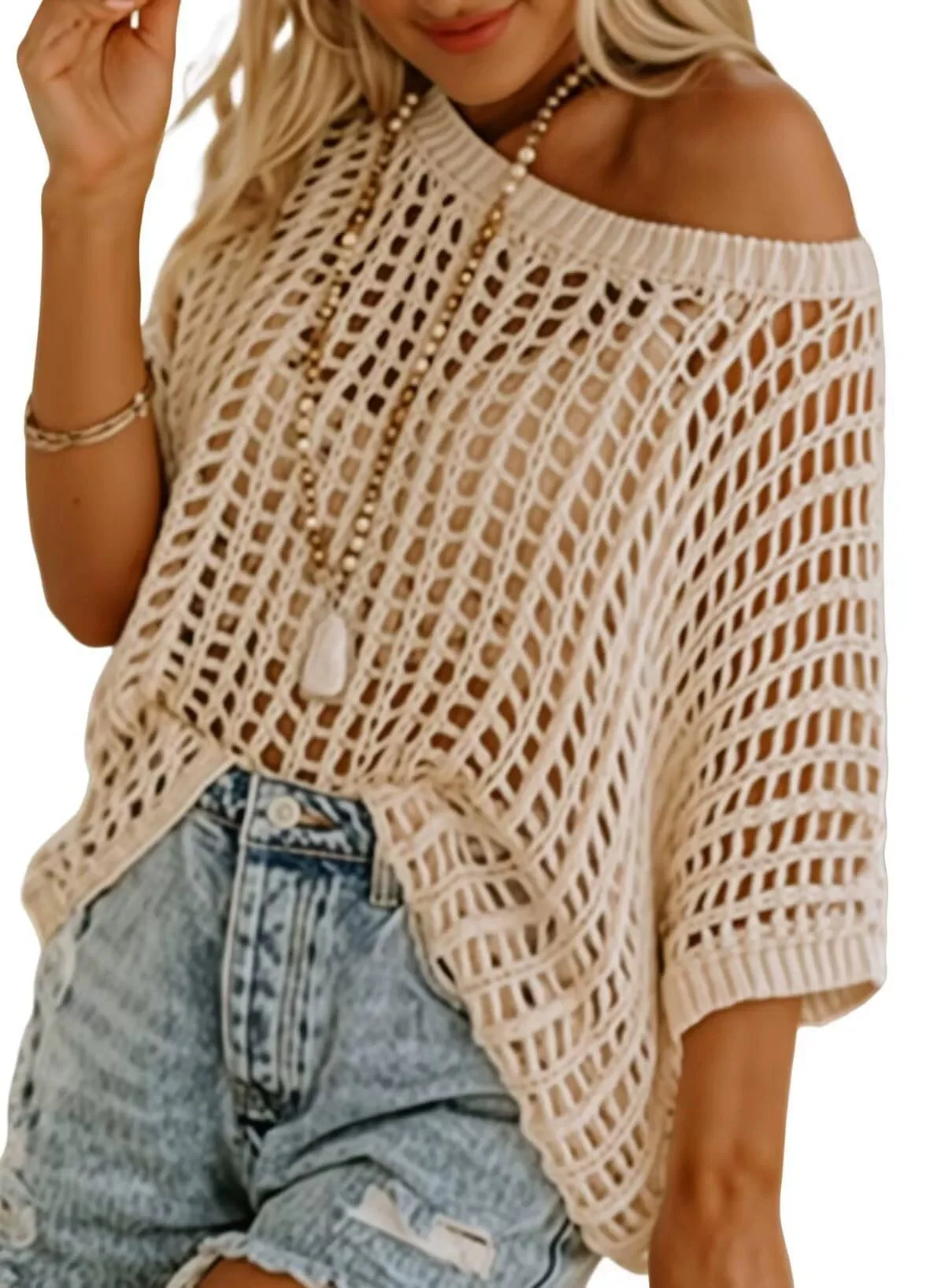 🎁 Womens Summer Scoop Neck ShortSleeve Sweater Casual Crochet Hollow Out KnitTops - Image 9